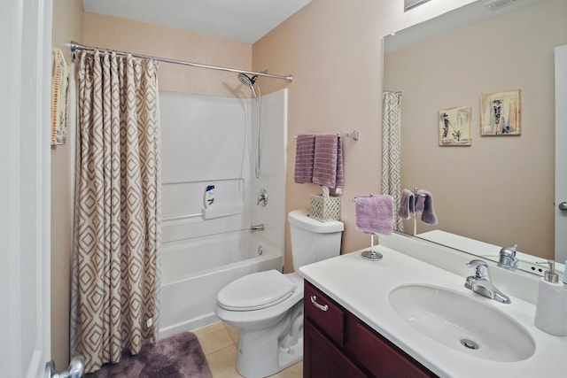 bathroom with shower / tub combo, vanity, toilet, and tile patterned floors