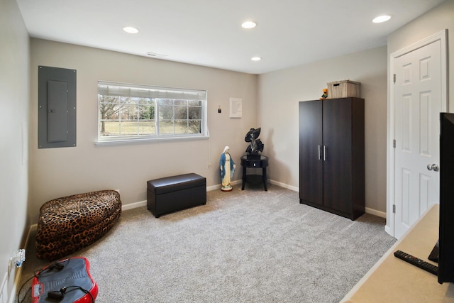 interior space featuring electric panel, baseboards, carpet flooring, and recessed lighting