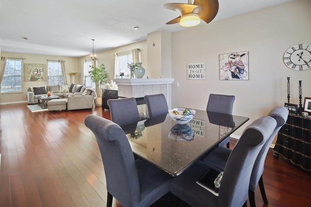 dining room featuring dark wood-type flooring, plenty of natural light, and baseboards