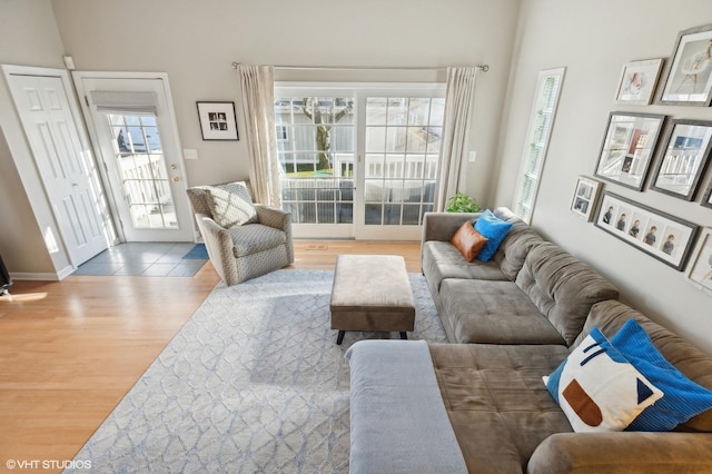 living room featuring a wealth of natural light and wood finished floors