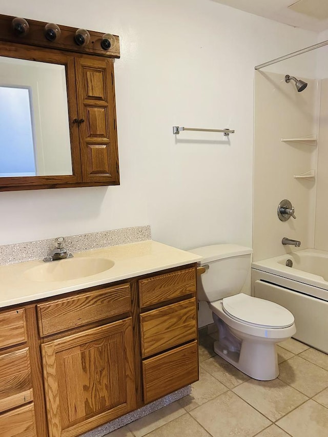 full bath with shower / bath combination, tile patterned flooring, toilet, and vanity