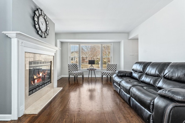 living room featuring baseboards, dark wood-style flooring, and a fireplace