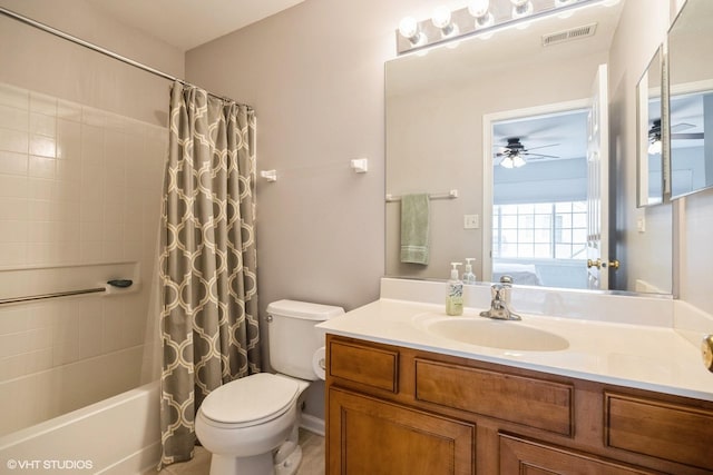 bathroom featuring connected bathroom, toilet, vanity, visible vents, and shower / bath combination with curtain