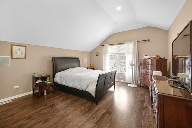 bedroom featuring dark wood-style floors, recessed lighting, visible vents, vaulted ceiling, and baseboards