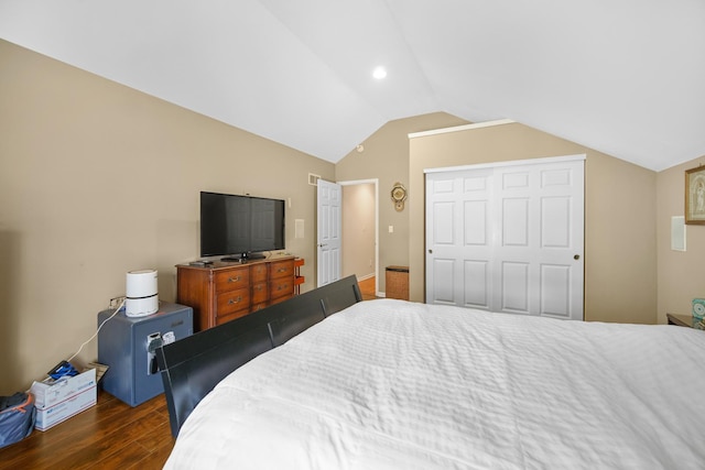 bedroom with lofted ceiling, a closet, and dark wood-type flooring