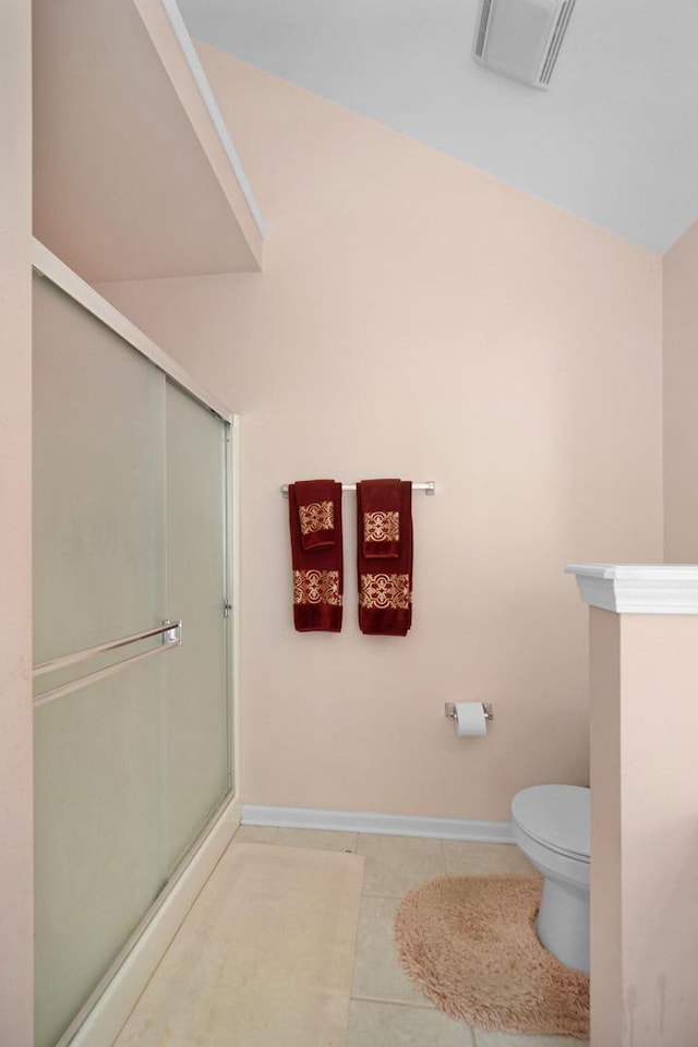 full bath featuring visible vents, a stall shower, tile patterned flooring, and toilet