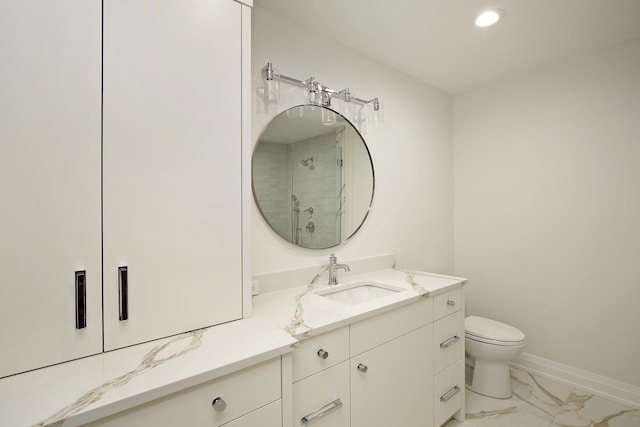 bathroom featuring baseboards, tiled shower, toilet, marble finish floor, and vanity