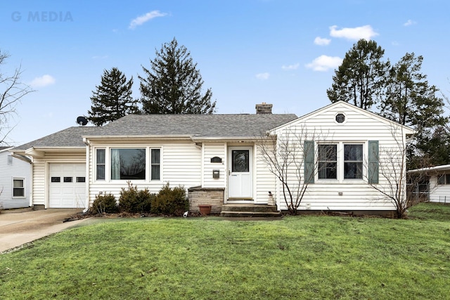 ranch-style house featuring a front yard, a chimney, concrete driveway, and an attached garage