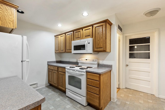 kitchen with visible vents, baseboards, recessed lighting, brown cabinets, and white appliances