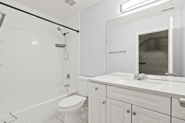 full bath with visible vents, vanity, toilet, and shower / bathtub combination