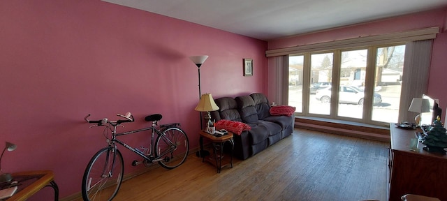 sitting room with plenty of natural light, baseboards, and wood finished floors