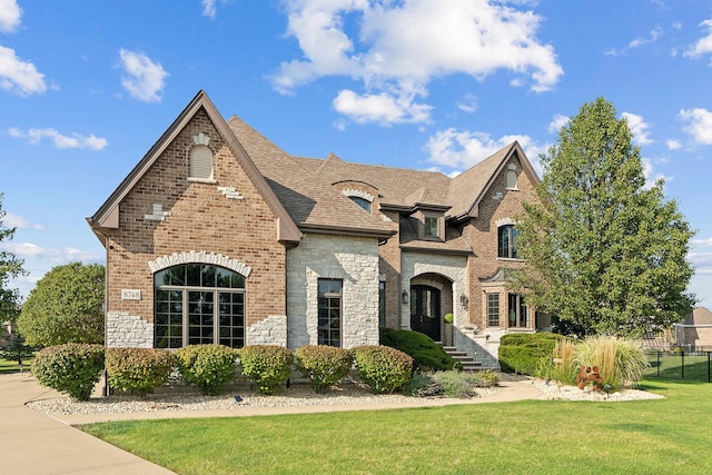 view of front of home with stone siding, a shingled roof, a front lawn, and brick siding