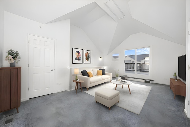 carpeted living area featuring a baseboard radiator and high vaulted ceiling