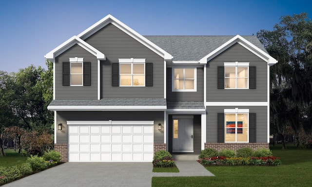 view of front of home with driveway, a shingled roof, an attached garage, a front lawn, and brick siding