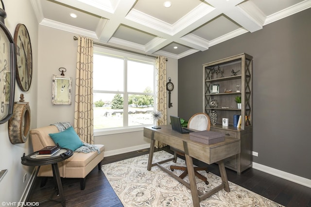 home office featuring baseboards, coffered ceiling, dark wood finished floors, and beamed ceiling