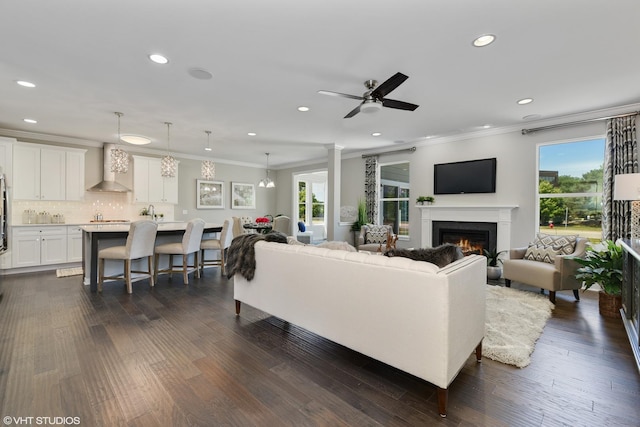 living area with ornamental molding, a glass covered fireplace, recessed lighting, and dark wood-style floors