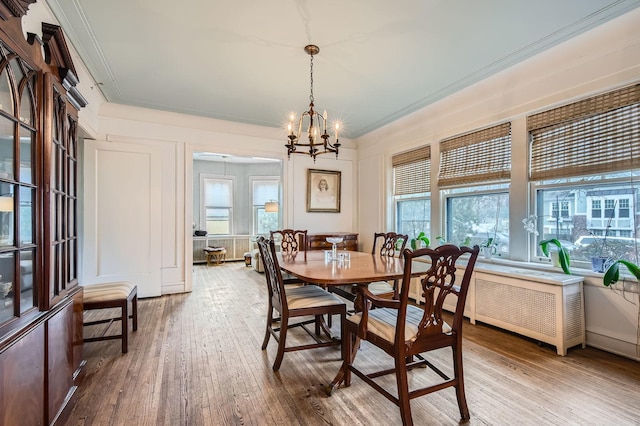 dining room with radiator, hardwood / wood-style flooring, ornamental molding, and a wealth of natural light