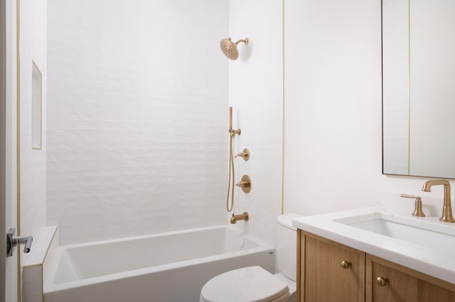 full bath featuring vanity, shower / bathtub combination, and toilet