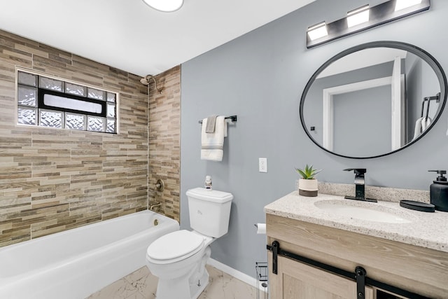 full bath with marble finish floor, bathtub / shower combination, toilet, vanity, and baseboards