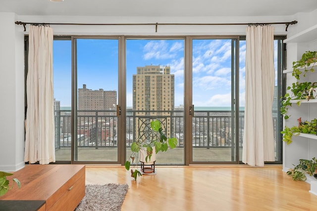 interior space with a city view and wood finished floors