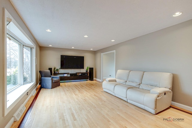 living room with recessed lighting, baseboards, and wood finished floors