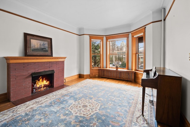 living room with radiator heating unit, a brick fireplace, wood finished floors, and baseboards