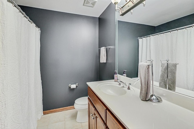 full bath with tile patterned flooring, visible vents, baseboards, toilet, and vanity