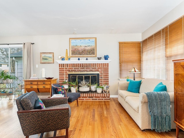 living area featuring a fireplace and wood finished floors