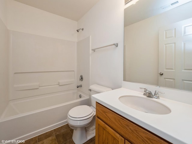 bathroom featuring tile patterned flooring, visible vents, toilet, shower / bathtub combination, and vanity