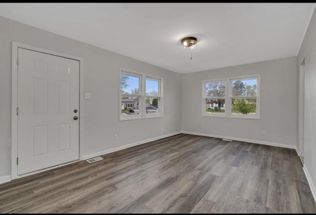 foyer with baseboards, visible vents, a wealth of natural light, and wood finished floors