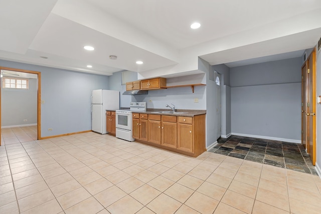 kitchen featuring under cabinet range hood, white appliances, baseboards, and open shelves