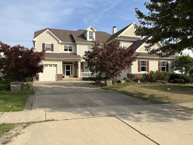 view of front of property featuring brick siding, driveway, an attached garage, and roof with shingles