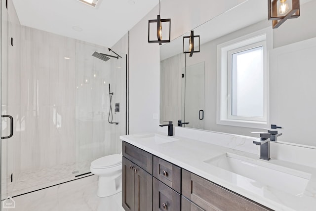 full bathroom with a sink and a marble finish shower