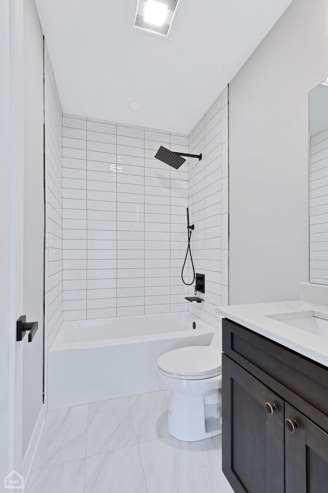 full bathroom with marble finish floor, shower / bathtub combination, visible vents, toilet, and vanity