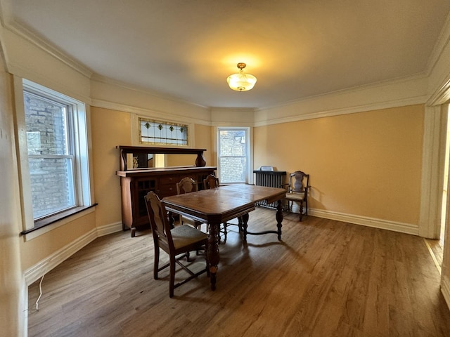 dining space with ornamental molding, wood finished floors, and baseboards