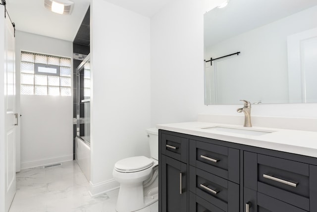 full bathroom with toilet, shower / bath combination with glass door, vanity, baseboards, and marble finish floor