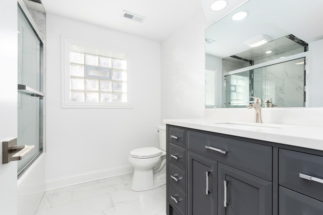 full bathroom with marble finish floor, visible vents, toilet, vanity, and baseboards