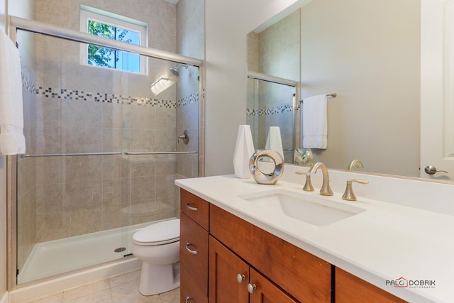 bathroom with a stall shower, tile patterned flooring, vanity, and toilet