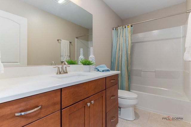 bathroom with toilet, shower / bath combo, vanity, and tile patterned floors