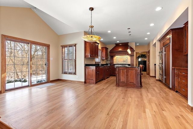 kitchen with premium range hood, baseboards, light wood-style floors, a center island, and dark countertops