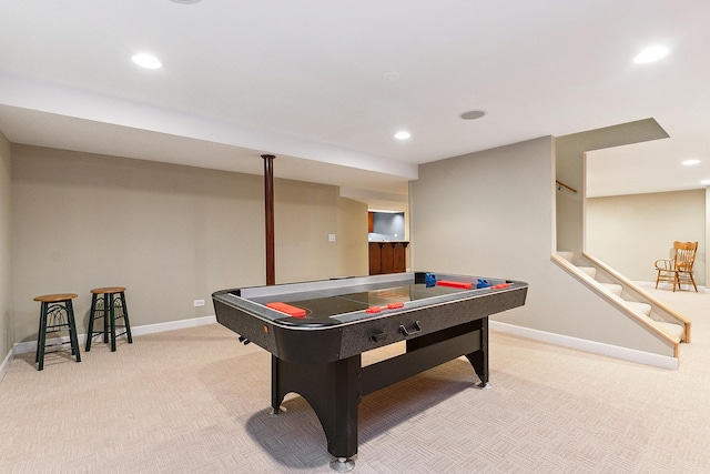 rec room with recessed lighting, carpet flooring, and baseboards