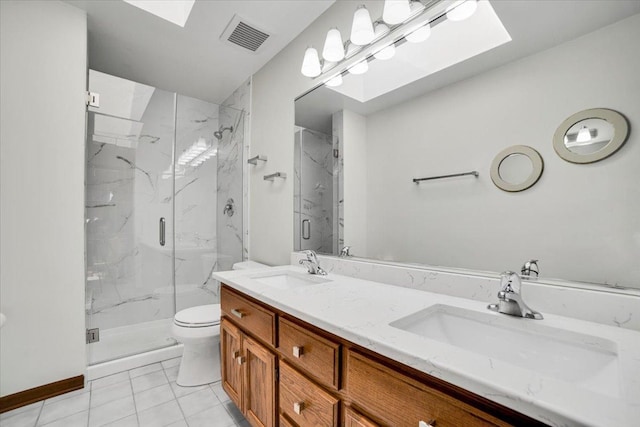 bathroom with visible vents, toilet, a skylight, and a sink