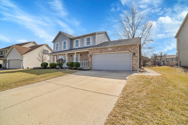 view of front of home featuring driveway, a porch, a front yard, an attached garage, and brick siding