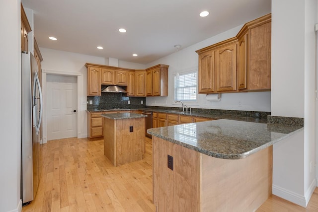 kitchen with stainless steel appliances, light wood-style flooring, a sink, a peninsula, and under cabinet range hood