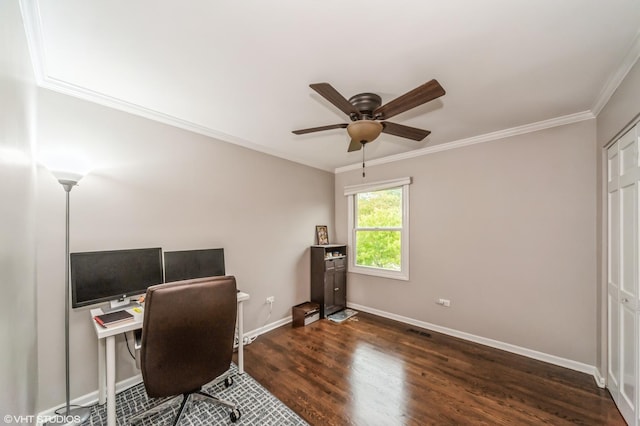 office featuring ornamental molding, wood finished floors, visible vents, and baseboards