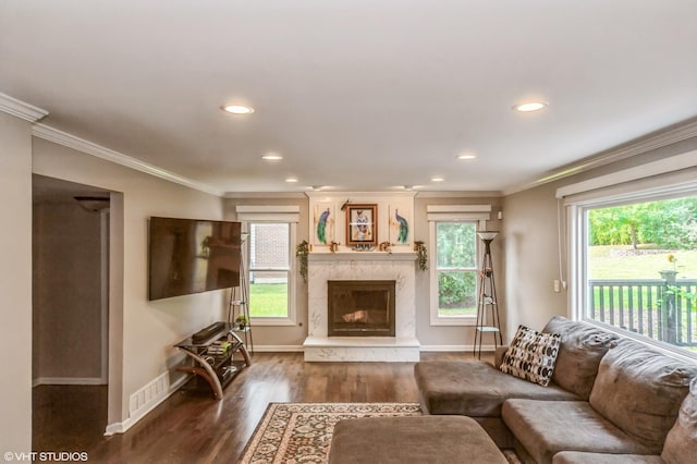 living area featuring visible vents, baseboards, dark wood-style floors, ornamental molding, and a high end fireplace