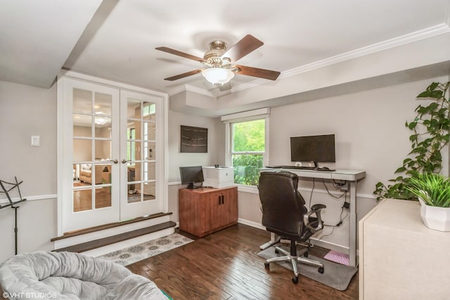 office area featuring wood-type flooring, ornamental molding, ceiling fan, and french doors