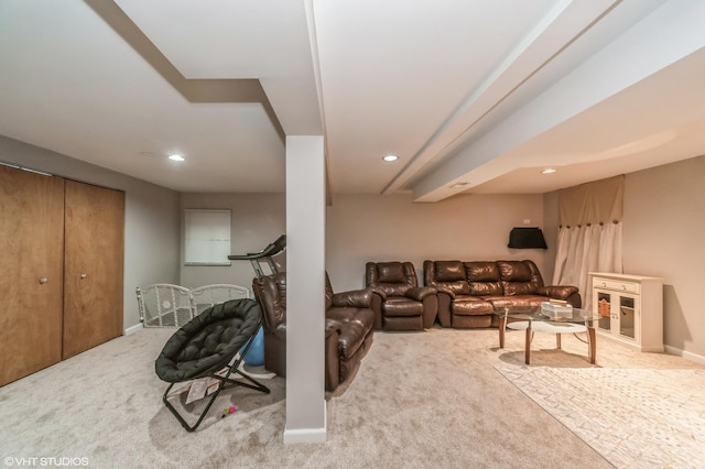 living room with carpet, baseboards, and recessed lighting