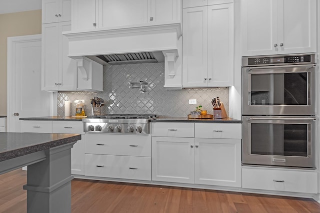 kitchen featuring tasteful backsplash, stainless steel appliances, light wood-style floors, premium range hood, and white cabinetry