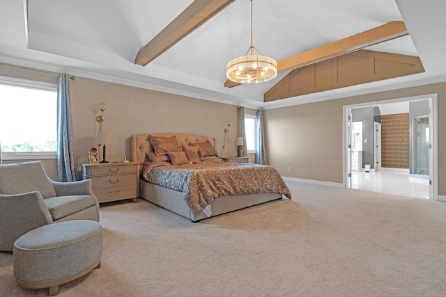 bedroom with carpet floors, an inviting chandelier, lofted ceiling with beams, and baseboards